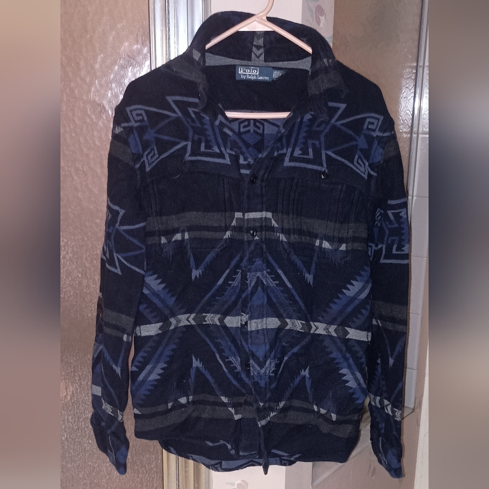 Vintage Polo Ralph Lauren Aztec Pattern Heavy Flannel Jacket Dark Blue Medium